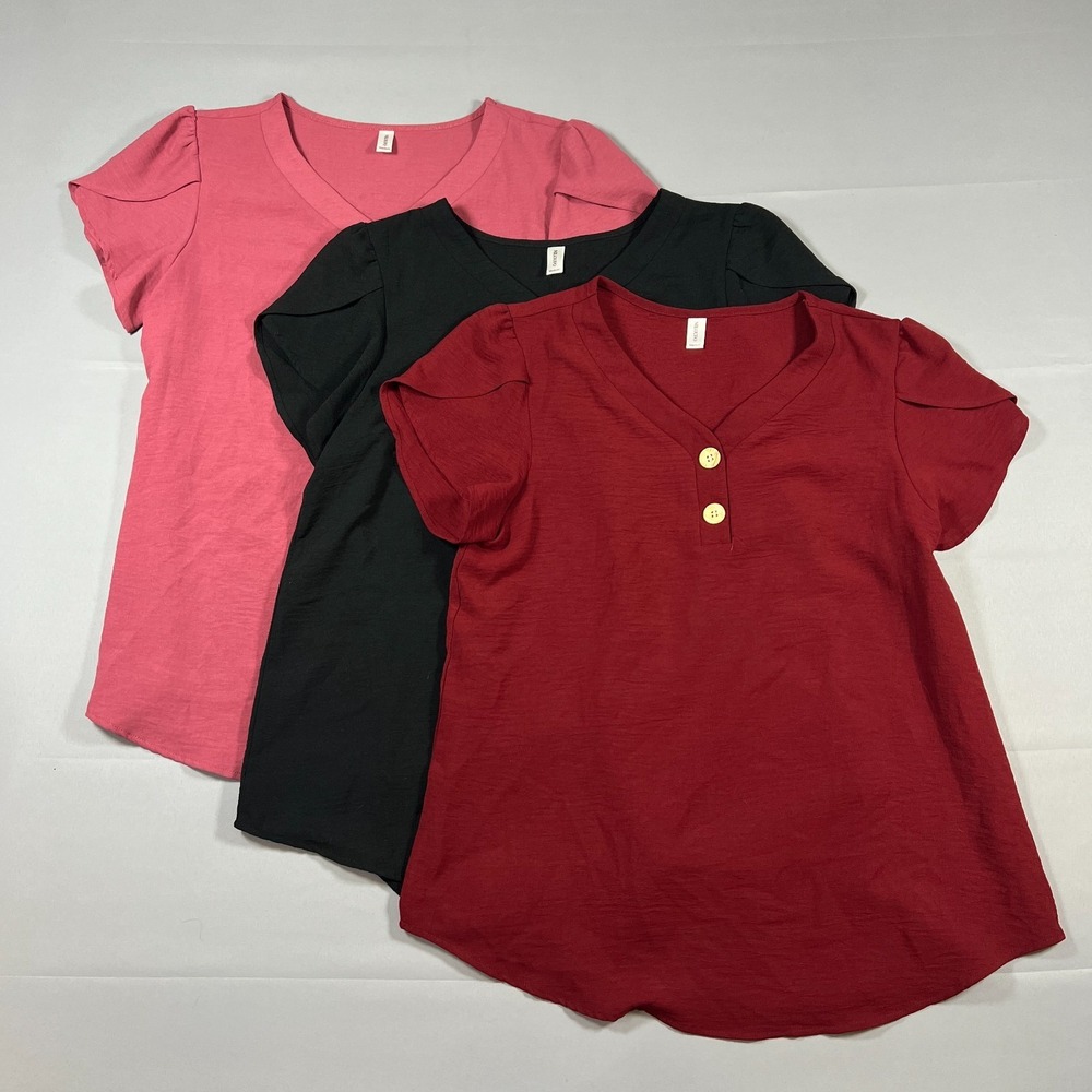 Set Of 3 Niloufo Blouse Top Womens M Multicolor Lightweight V Neck Curved Hem